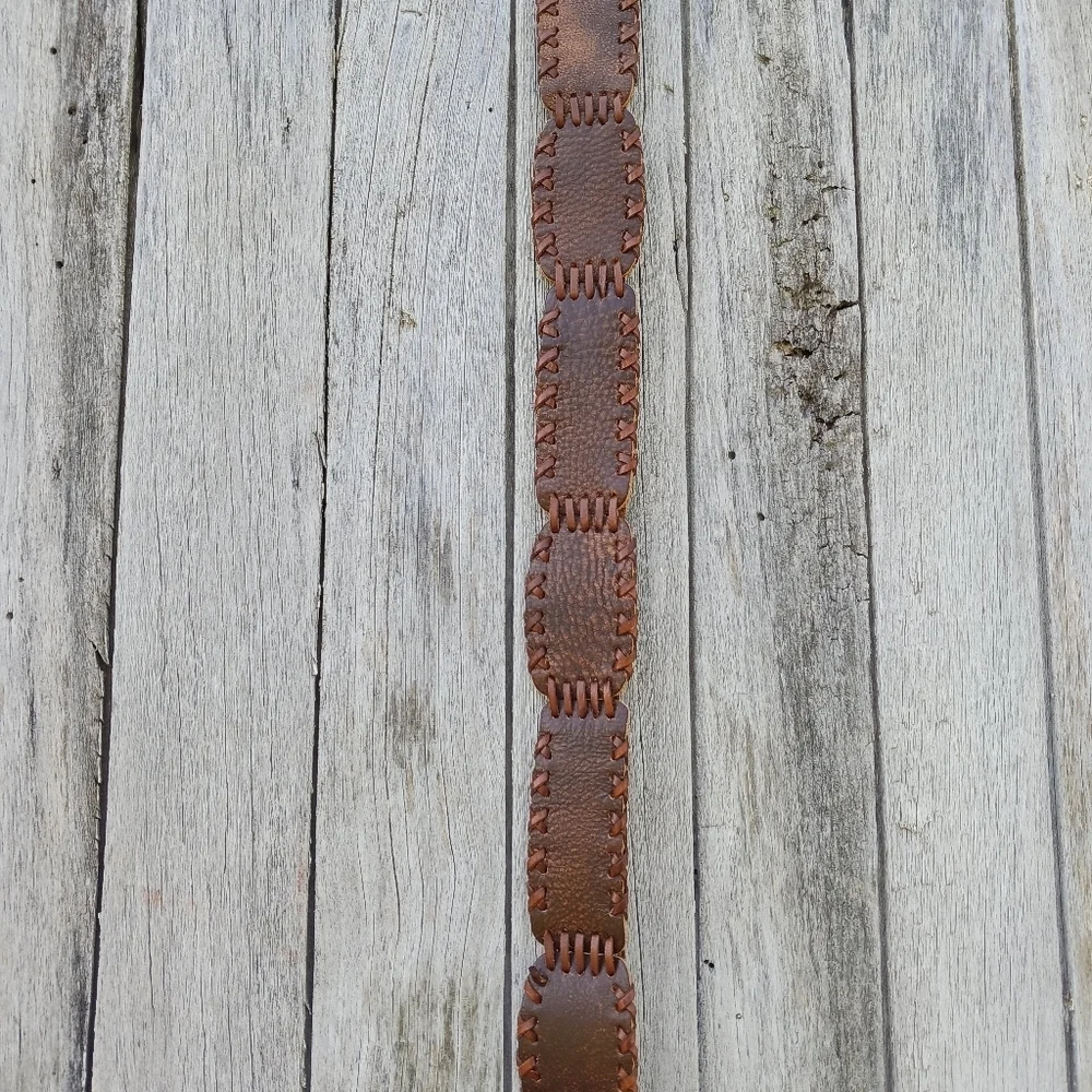 Vtg Whip Stitch Patchwork Brown Pebble Leather Belt White Brass Boho Western